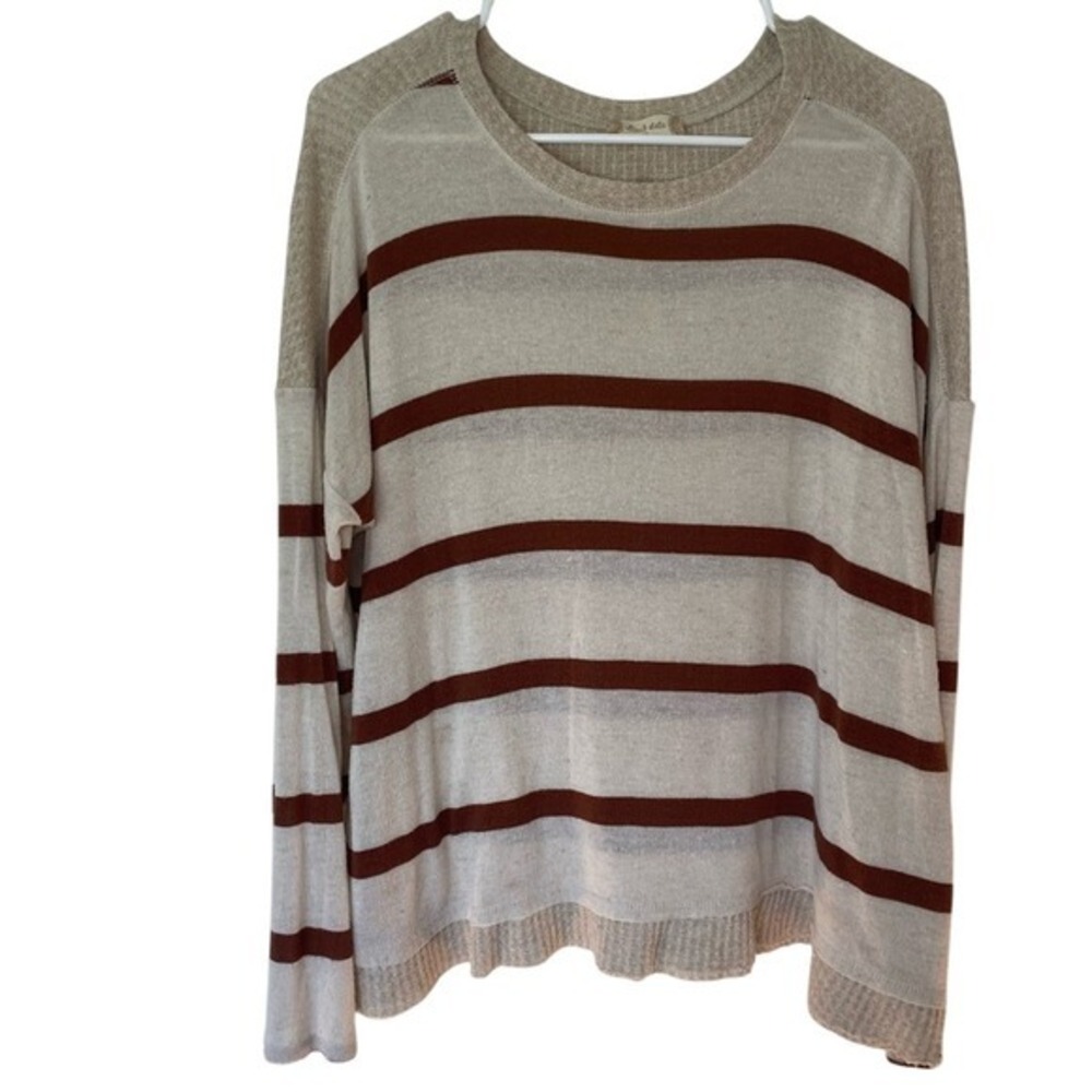 Striped Altard State Knit Llight Weight Top Cream Brown‎ Long Sleeve Pullover